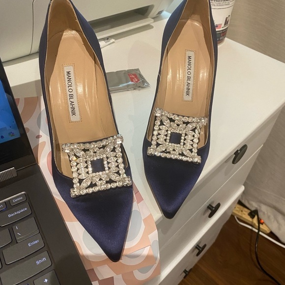 Manolo Blahnik Navy Satin Heels with Crystal Detail - Picture 9 of 9